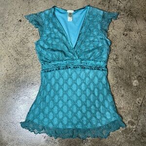 Vintage Y2K studio y flutter sleeve lace whimsygoth mermaid top size M w/stretch
